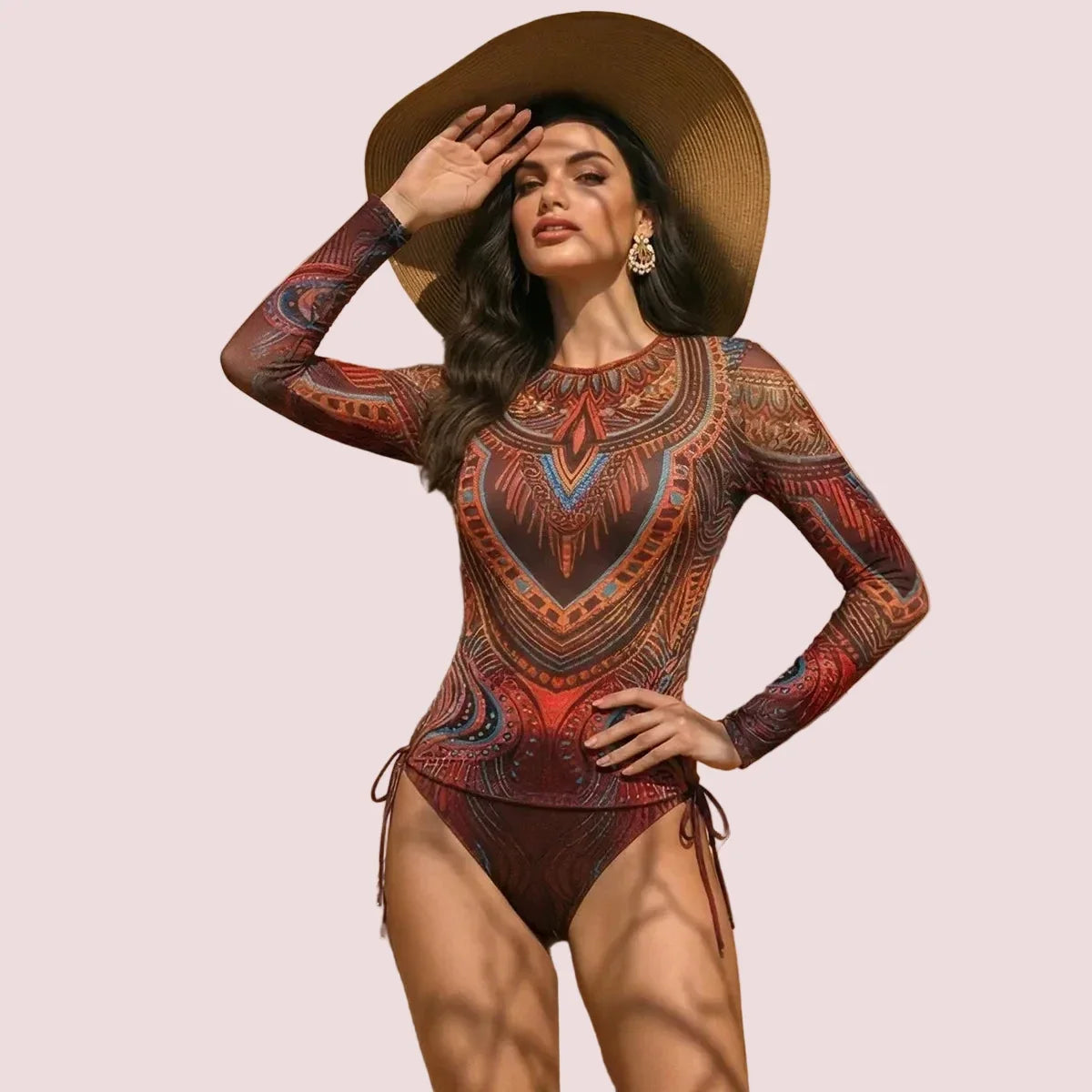 Women's Two Piece Long Sleeve Mesh Swimsuit UPF 50+ Padded Beachwear