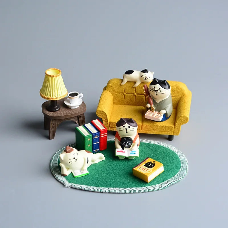 Perfecsy ZAKKA Miniatures Study Bookcase Home Decor Cute Cartoon Cat Retro Desk Gramophone Ornament Crafts Dollhouse Accessor