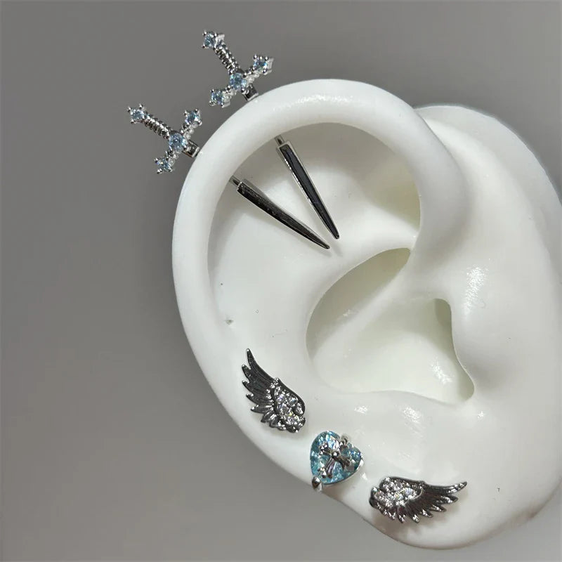 MyClosetAid New Fashion Love Wings Cross Stainless Steel Ear Bone Nail Shiny Zircon Trendy Thread Earring for Women Body Pier