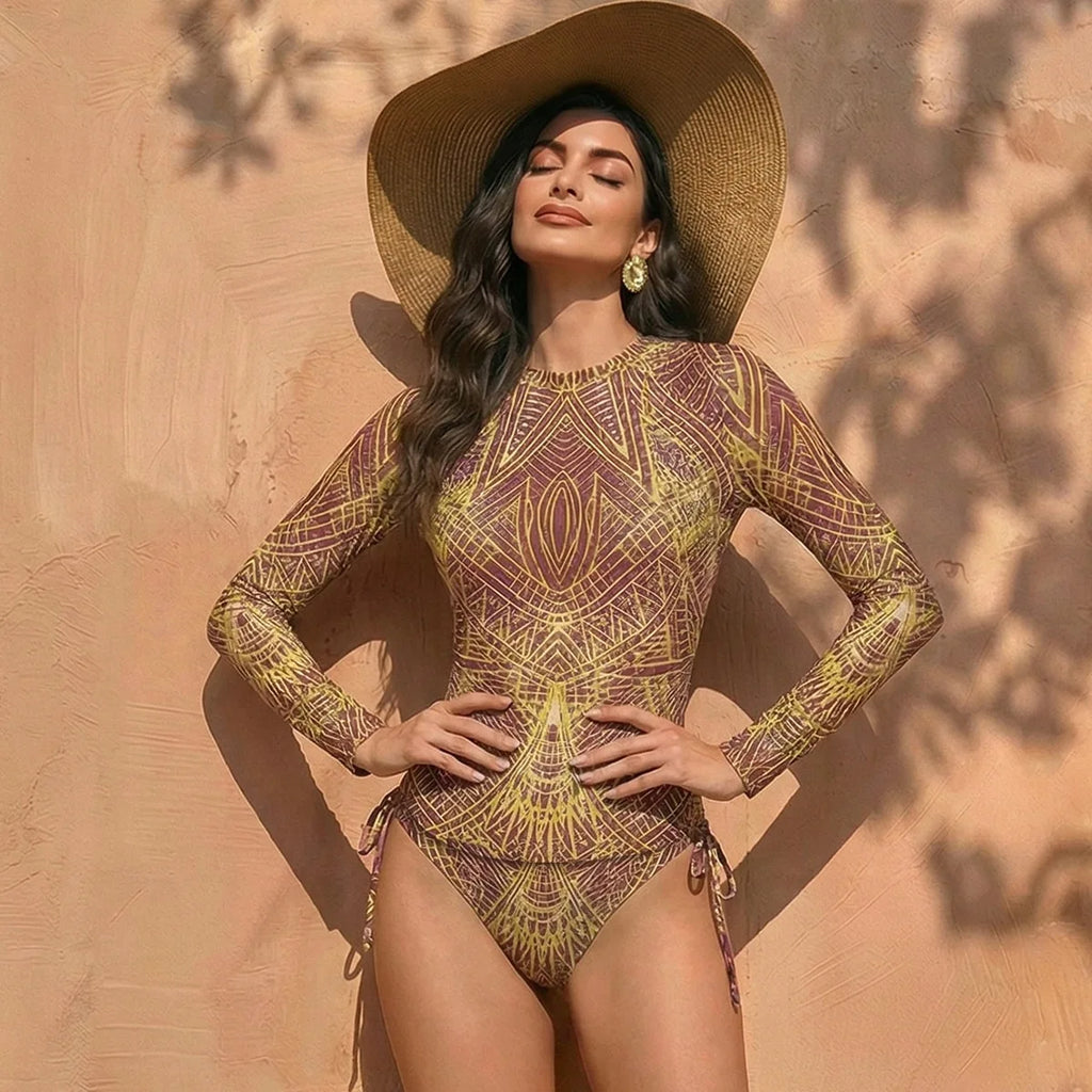 Women's Two Piece Long Sleeve Mesh Swimsuit UPF 50+ Padded Beachwear