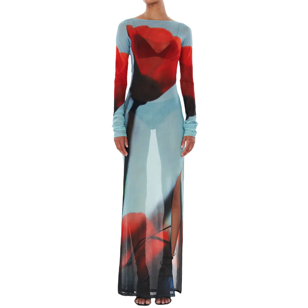 Women's Sheer Mesh Flower Long Dress Long Sleeve Boat Neck Side Split Midi Dress