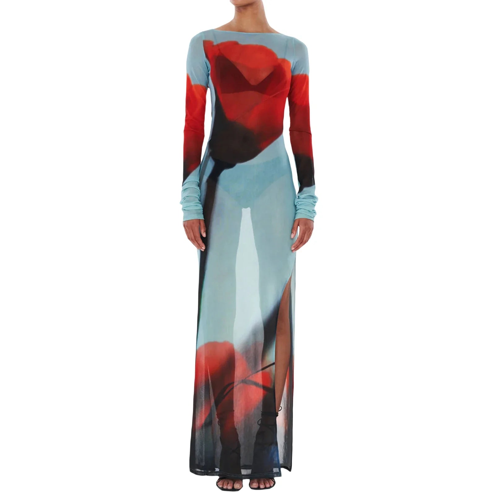 Women's Sheer Mesh Flower Long Dress Long Sleeve Boat Neck Side Split Midi Dress