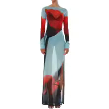 Women's Sheer Mesh Flower Long Dress Long Sleeve Boat Neck Side Split Midi Dress