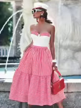 Women's Striped One-Piece Swimwear – Convertible Bandeau Push-Up Swim Dress