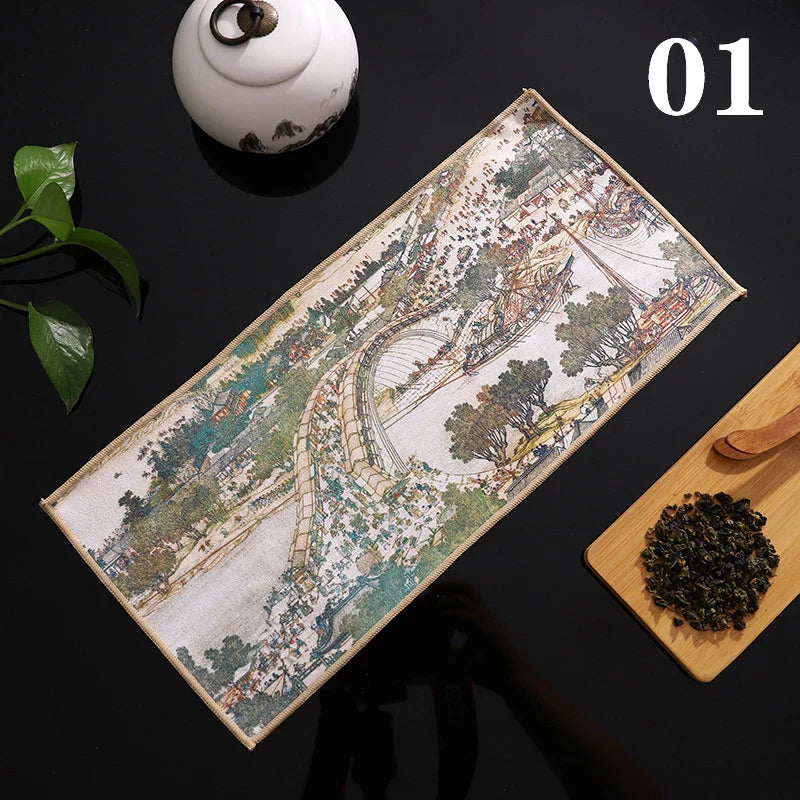 Perfecsy 1pc Chinese Painted Thick Tea Towel Super Absorbent Table Mats Suede Professional Rag Tea Mat Napkin High-end Tea Ac