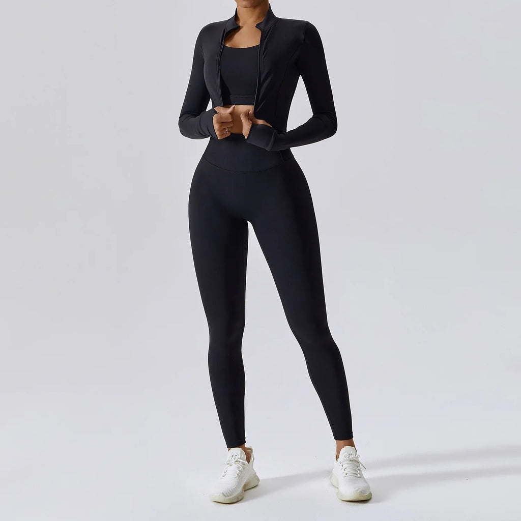 3-Piece Yoga Set Women Long Sleeve Zip Jacket High Waist Leggings