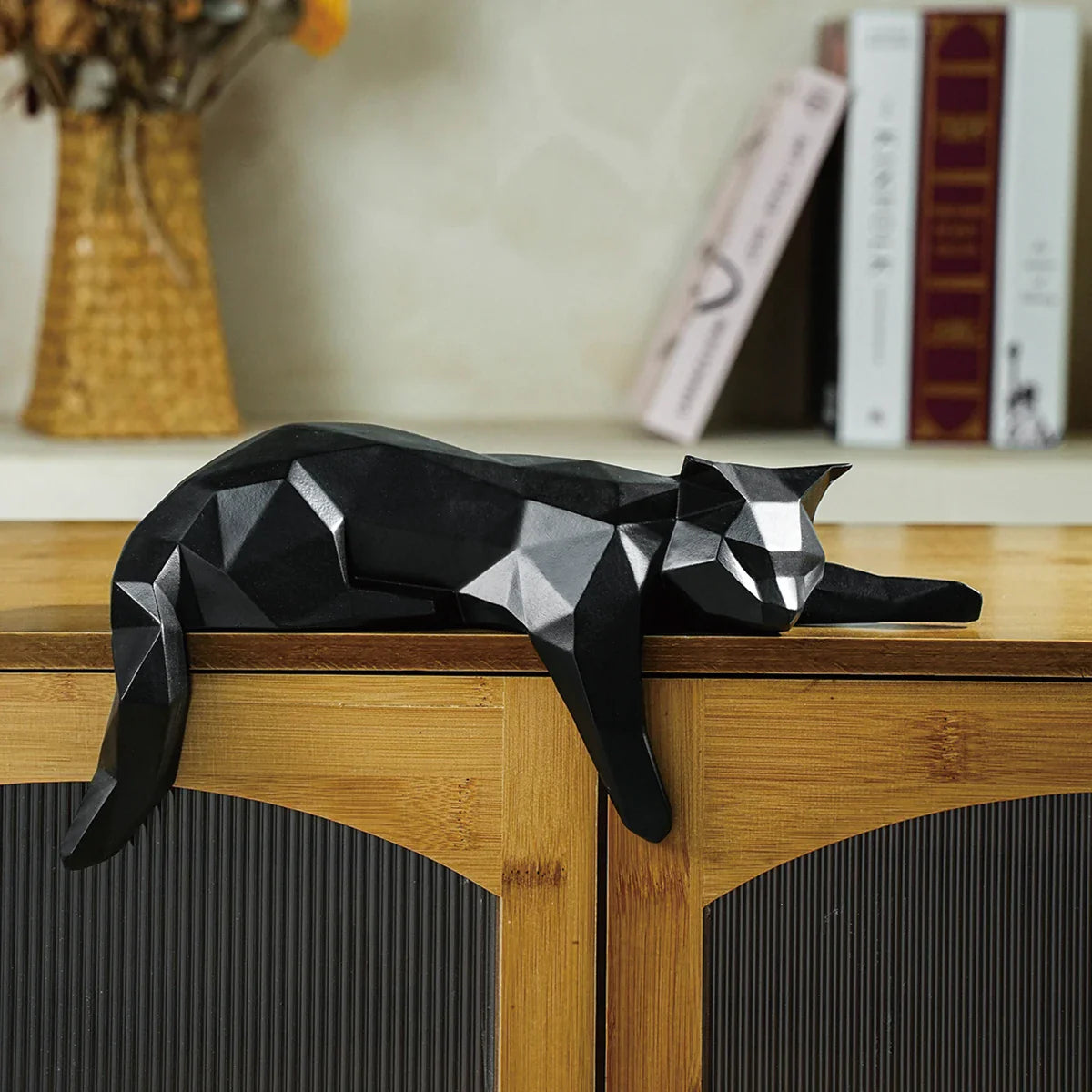 Perfecsy White Black Cat Statue - Geometric Modern Room Decor Figurine Sculpture for Home Office as Table Shelf Desk Decor  L