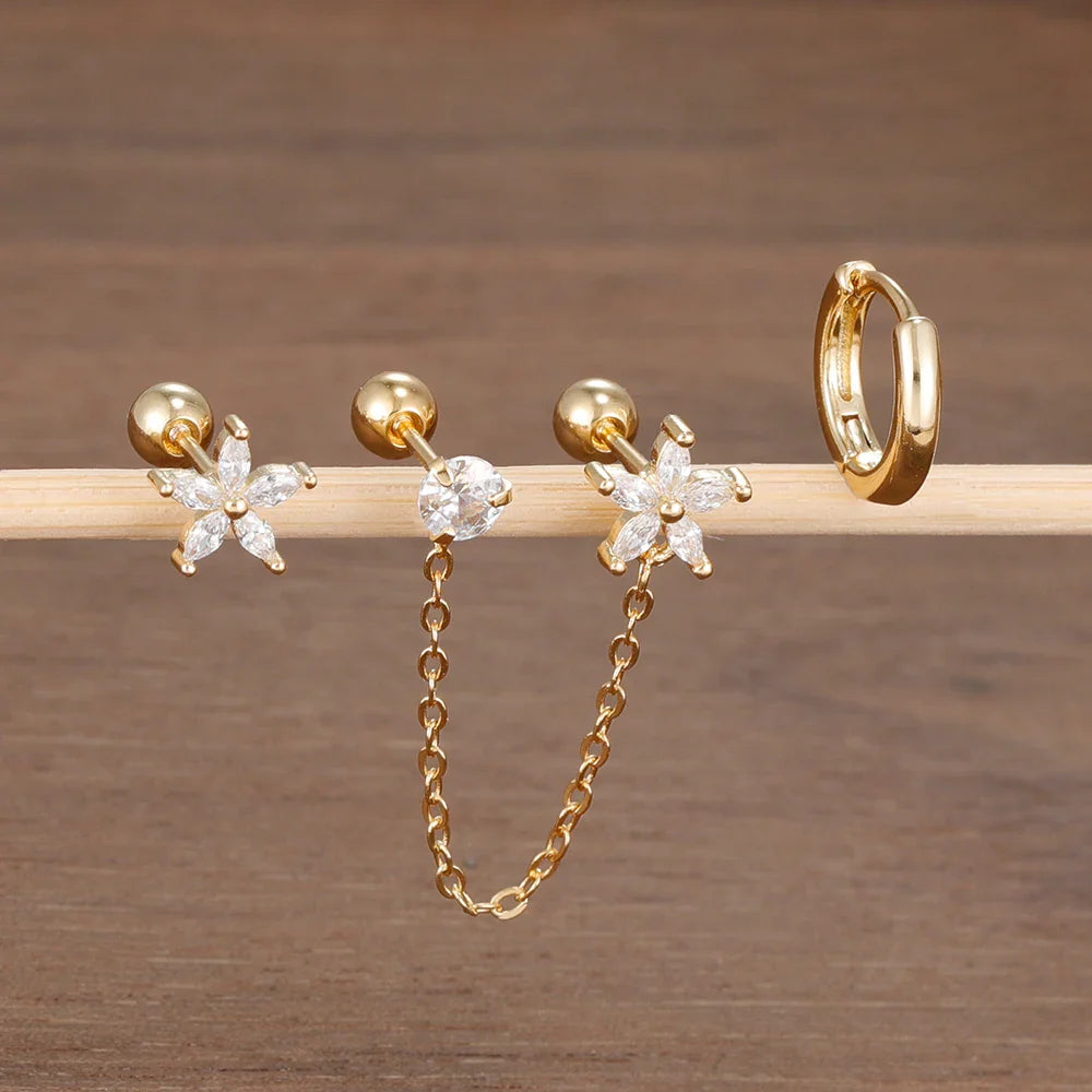 SORI STYLE 3PCS Zircon Flower Ear Stud Earrings — side view