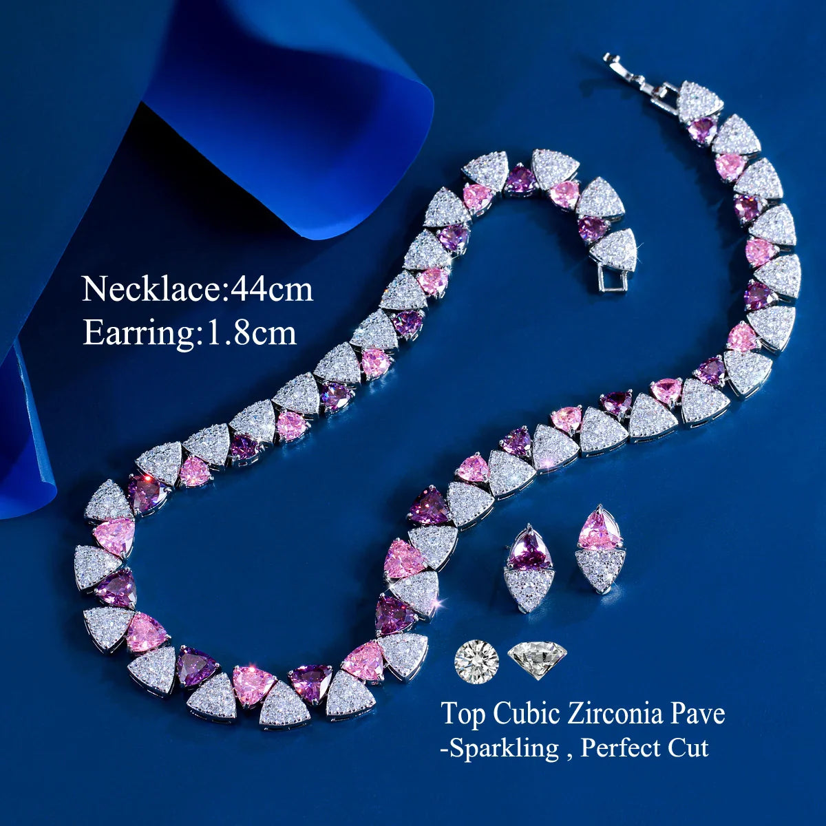 MyClosetAid Pink Purple Triangle CZ Crystal Necklace Earring Set — side view