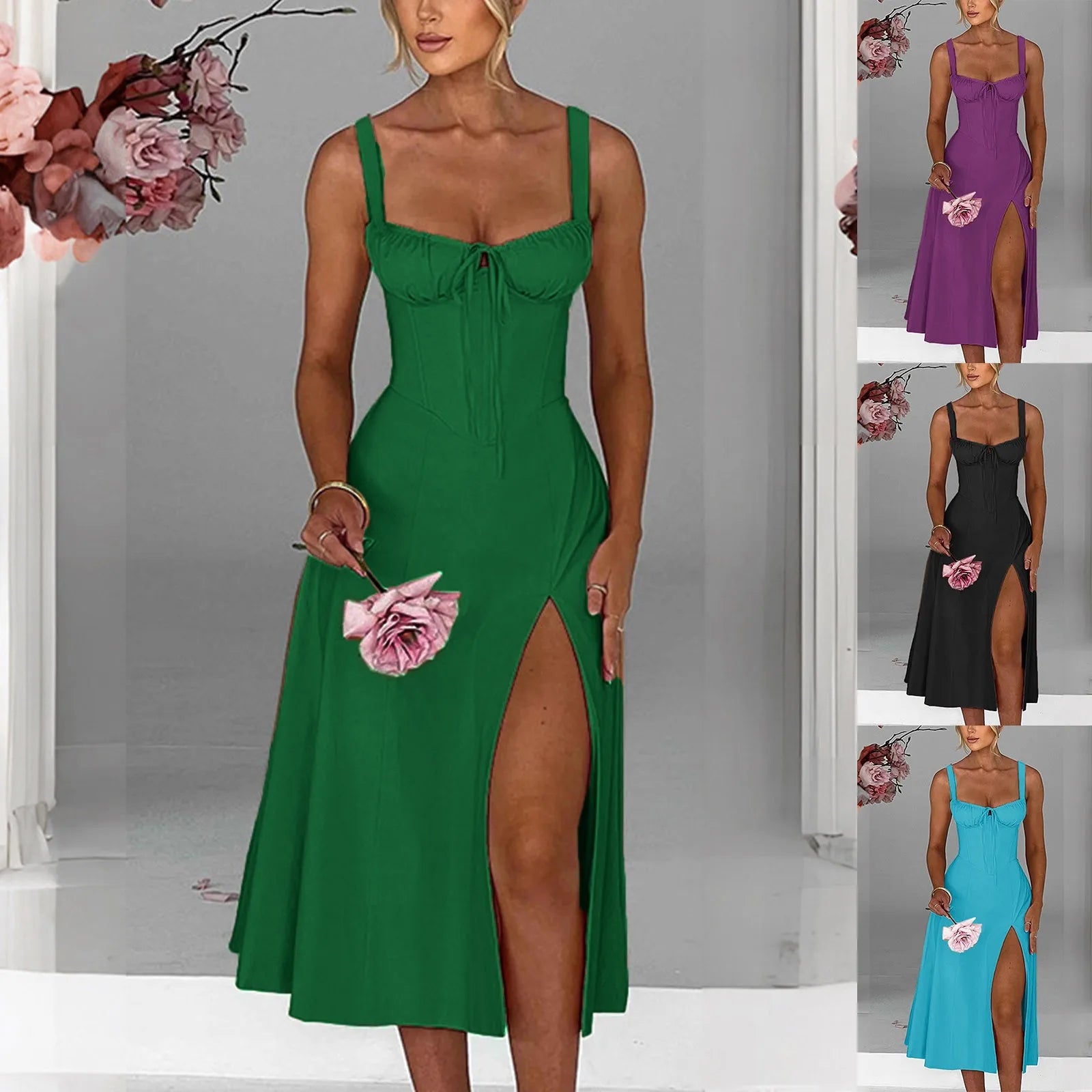 Envy NYC Envy NYC Square Neck Lace Up Corset Midi Dress — Envy NYC branding close-up