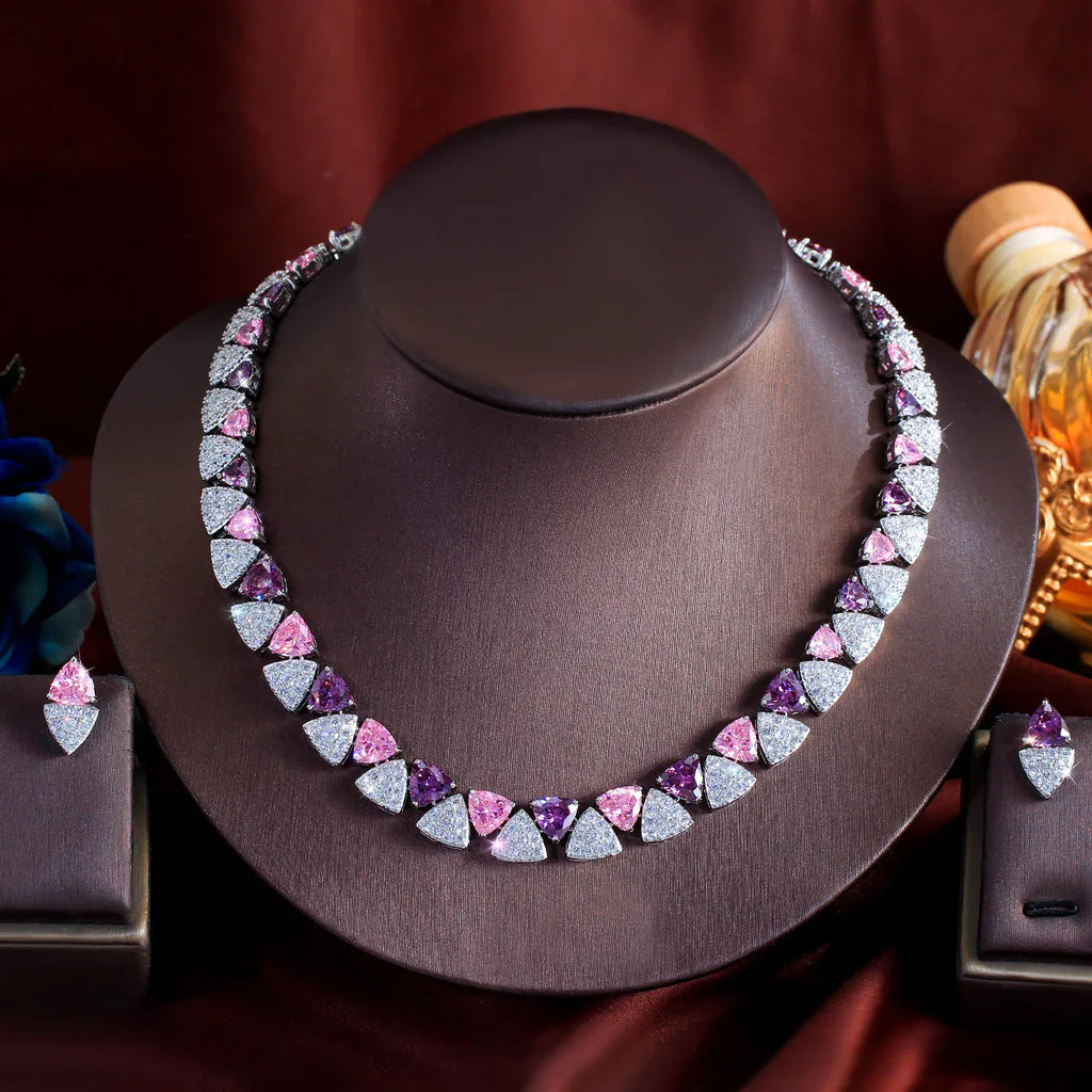 MyClosetAid Pink Purple Triangle CZ Crystal Necklace Earring Set — alternative angle