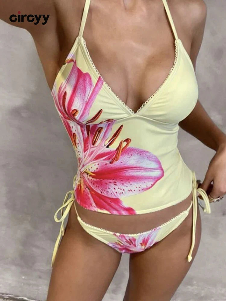 Floral Halter Tankini with Tummy Control
