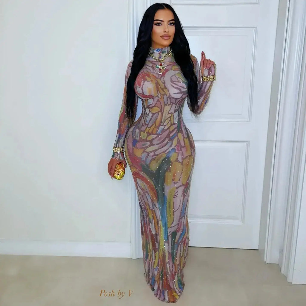 MyClosetAid Long Sleeve Water-Media Net Diamond-Heated Party Gown — back view