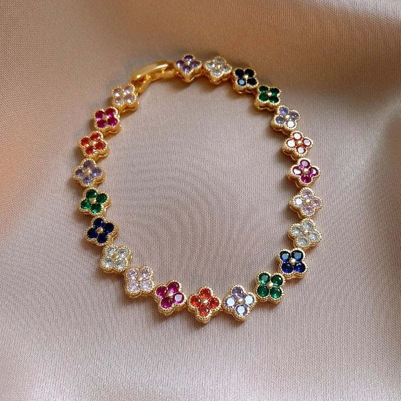 MyClosetAid Crystal Flower Lucky Stainless Steel Bracelet — detail close-up
