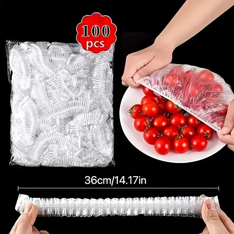 Perfecsy Transparent 100-Pack Reusable Elastic Food Storage Covers Stretchable Plastic Bowl Plate Seal Wrap Unscented Perfect