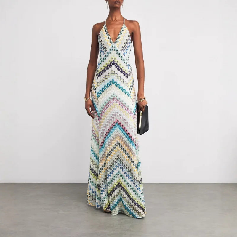 Bohemian Chevron Halter Maxi Dress Deep V-Neck Backless