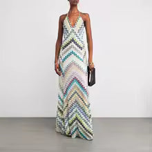 Bohemian Chevron Halter Maxi Dress Deep V-Neck Backless