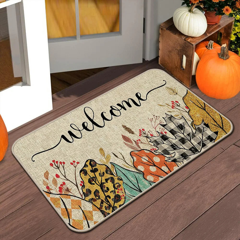 Perfecsy VIKAMA Halloween Autumn Door Mat Thanksgiving Welcome Mat Indoor/Outdoor Anti-Slip Carpet Home Decoration — in-use p