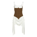 Women's Contrast Patchwork Pleated Sling Dress Sexy Sleeveless Off-shoulder Mini Gown