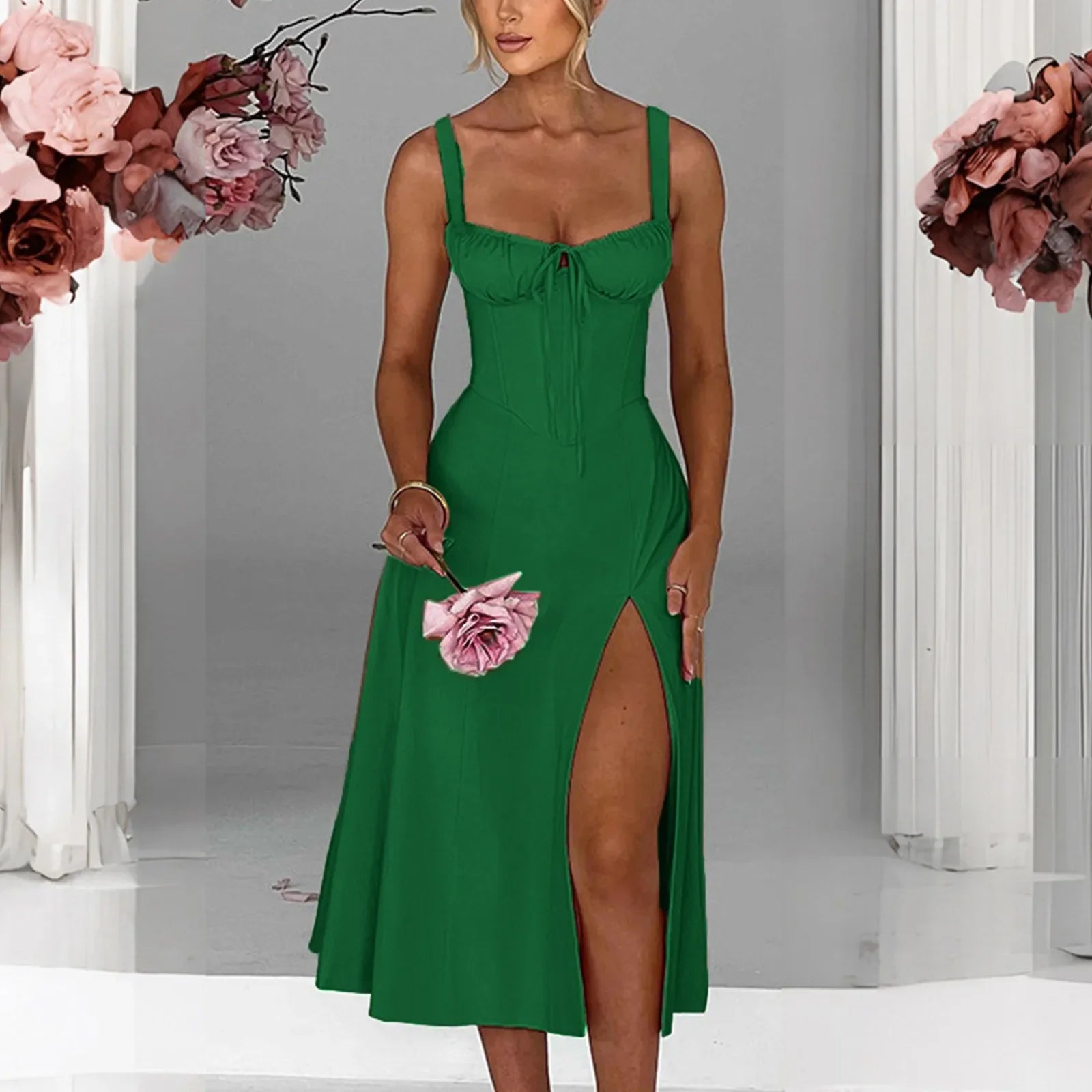 Envy NYC Envy NYC Square Neck Lace Up Corset Midi Dress — detail shot 7