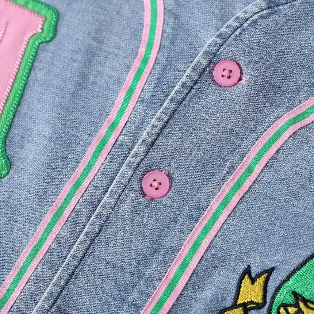 Greek Letter Embroidered Button Women's Denim Baseball Jersey Light Blue