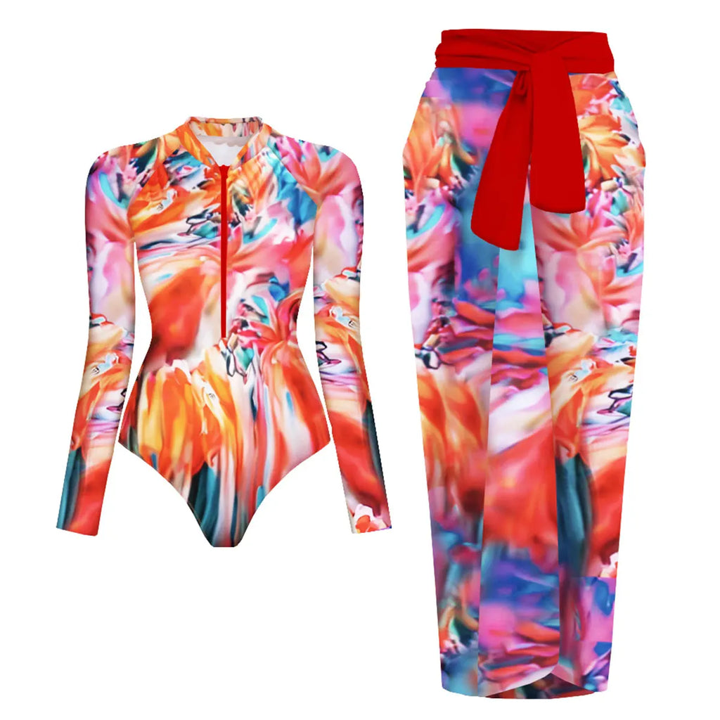 WAVECHO Women's Long Sleeve Zip Front One Piece Swimsuit Floral