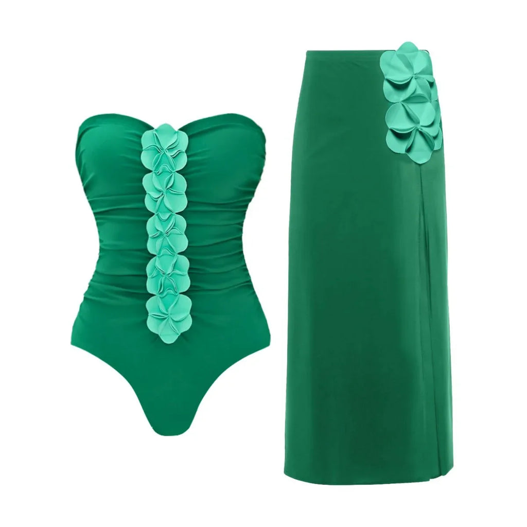 Women's 2 Piece Laser Flower Bandeau Bikini Set Push Up Swimsuit