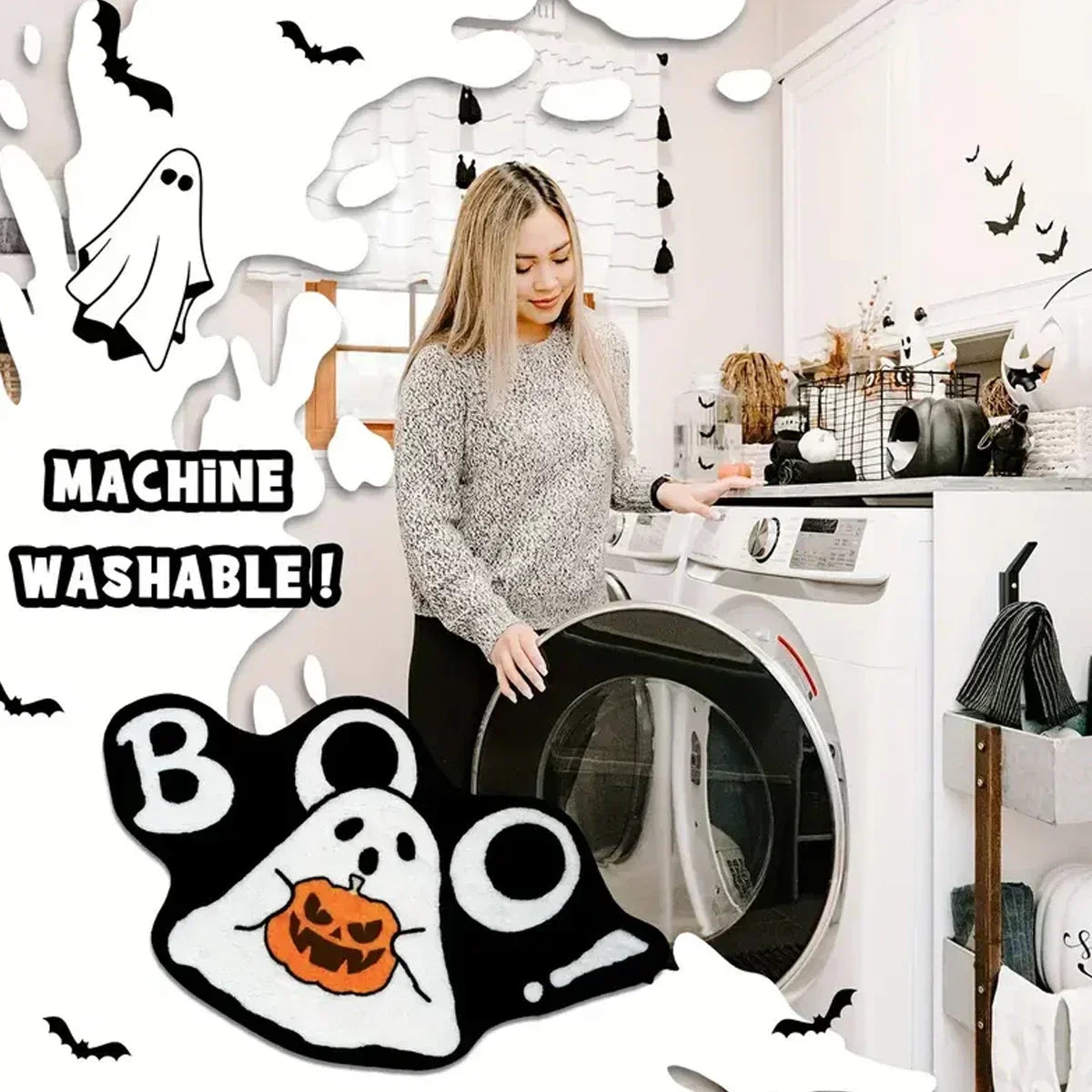 Perfecsy VIKAMA Ghost Halloween Carpet Soft Non-Slip Washable Entrance Door Mat Gothic Home Halloween Decor Bathroom Rug Home