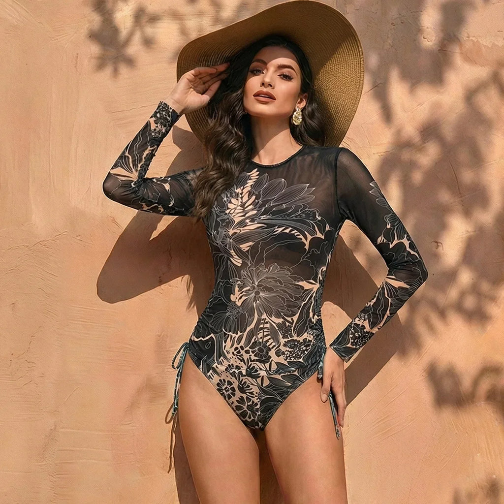 Women's Two Piece Long Sleeve Mesh Swimsuit UPF 50+ Padded Beachwear