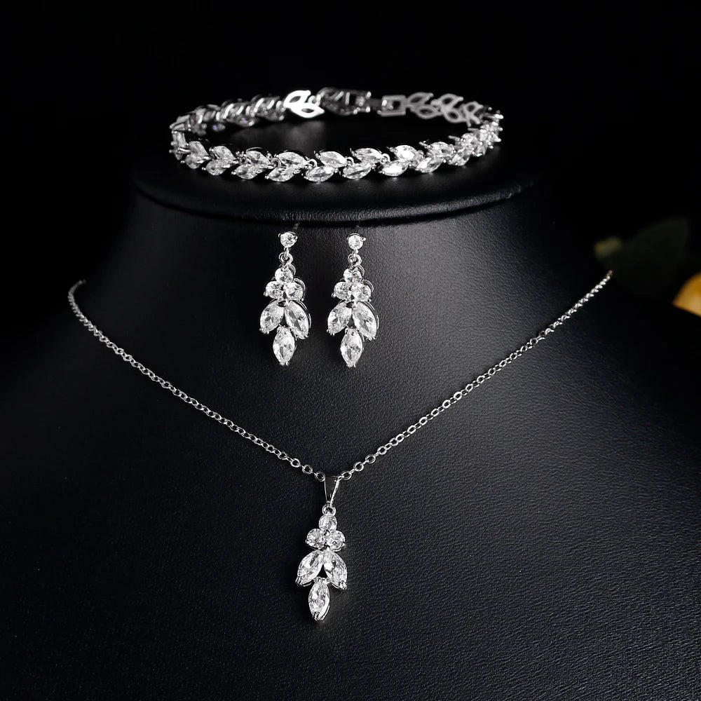 Brilliant Zirconia Leaf Necklace, Earrings & Bracelet Set