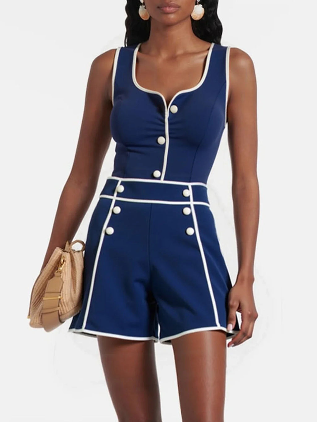 Women's Bandeau Button One Piece Swimsuit and Beach Shorts Blue