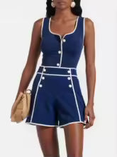 Women's Bandeau Button One Piece Swimsuit and Beach Shorts Blue