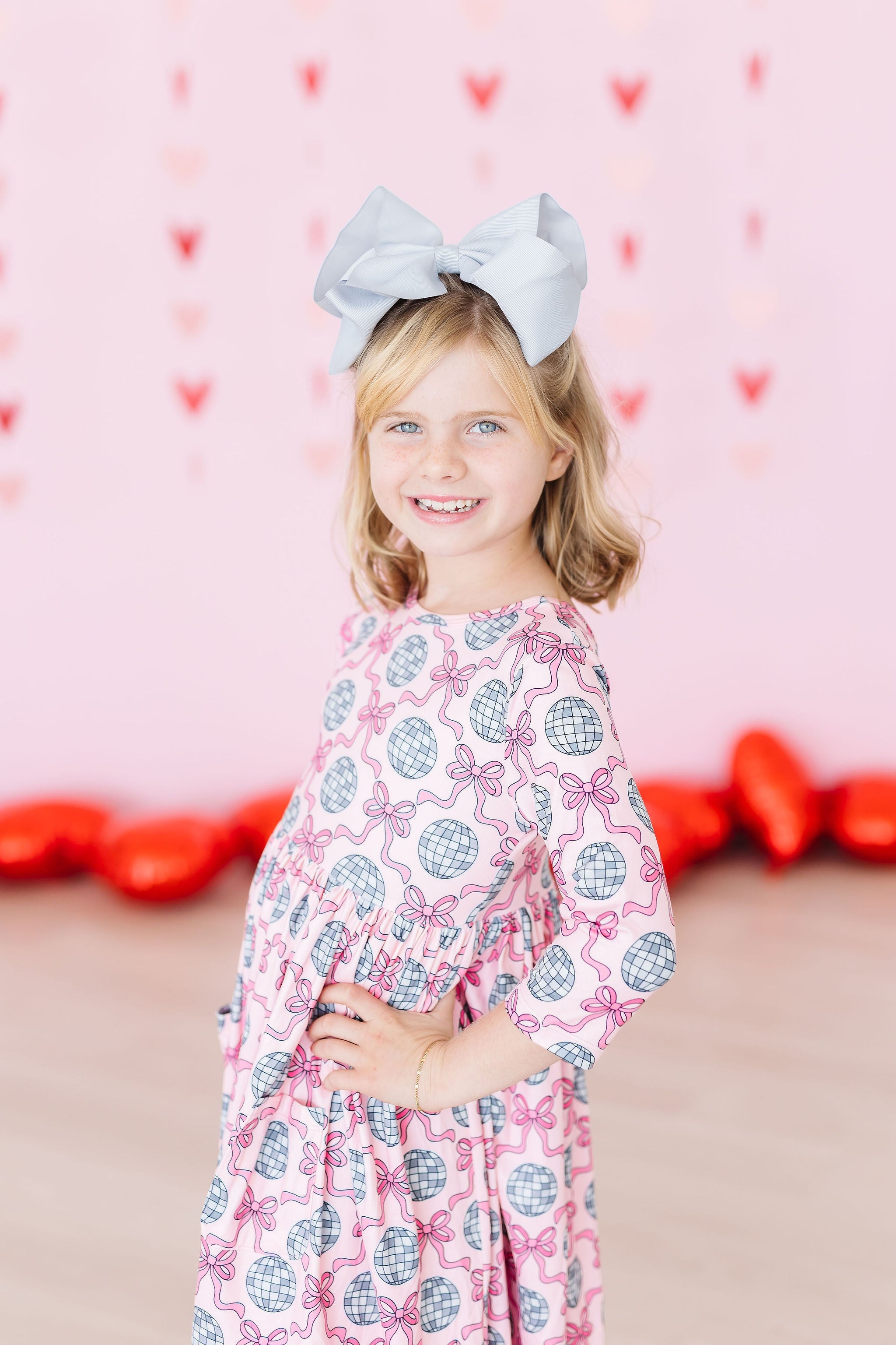 SALE Disco Bows 3/4 Sleeve Pocket Twirl Dress