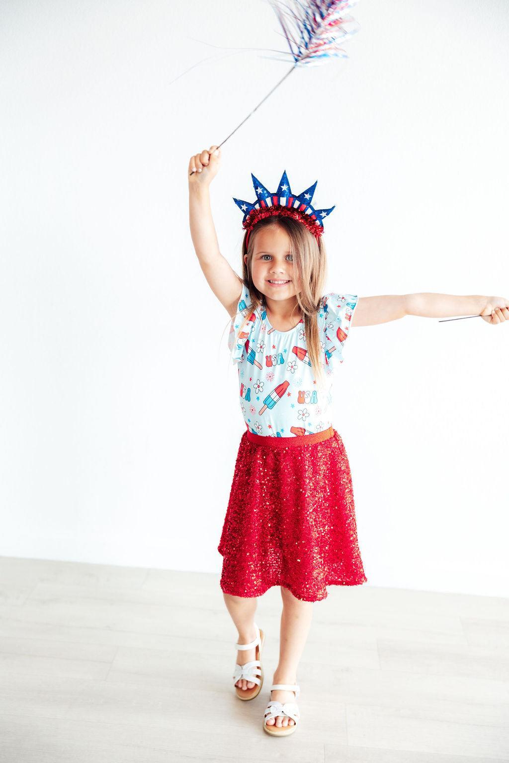 Mila & Rose ® SALE Proudly Patriotic S/S Flutter Sleeve Leotard — side view