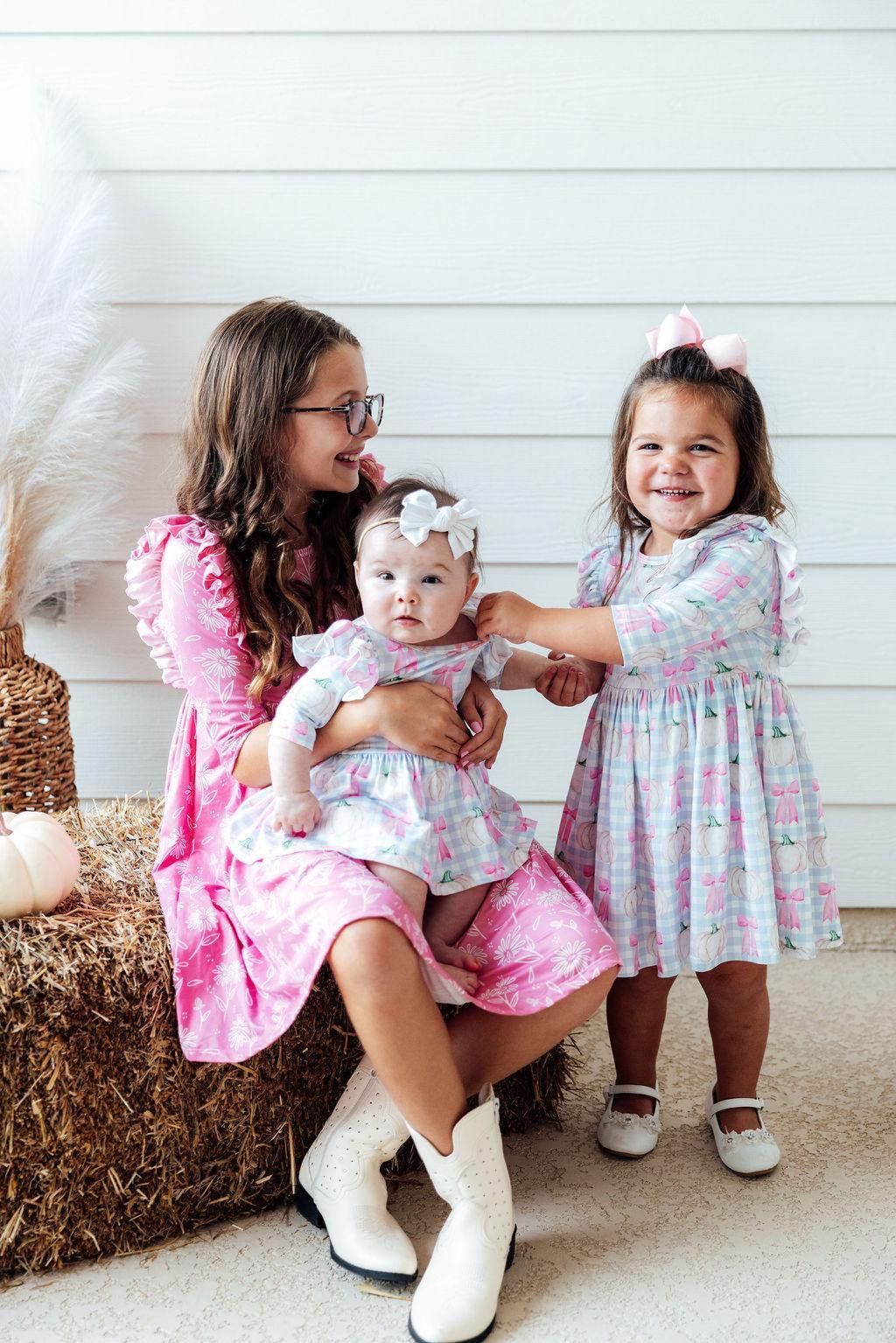 Mila & Rose ® SALE Pumpkin Picnic 3/4 Sleeve Ruffle Twirl Dress — detail close-up