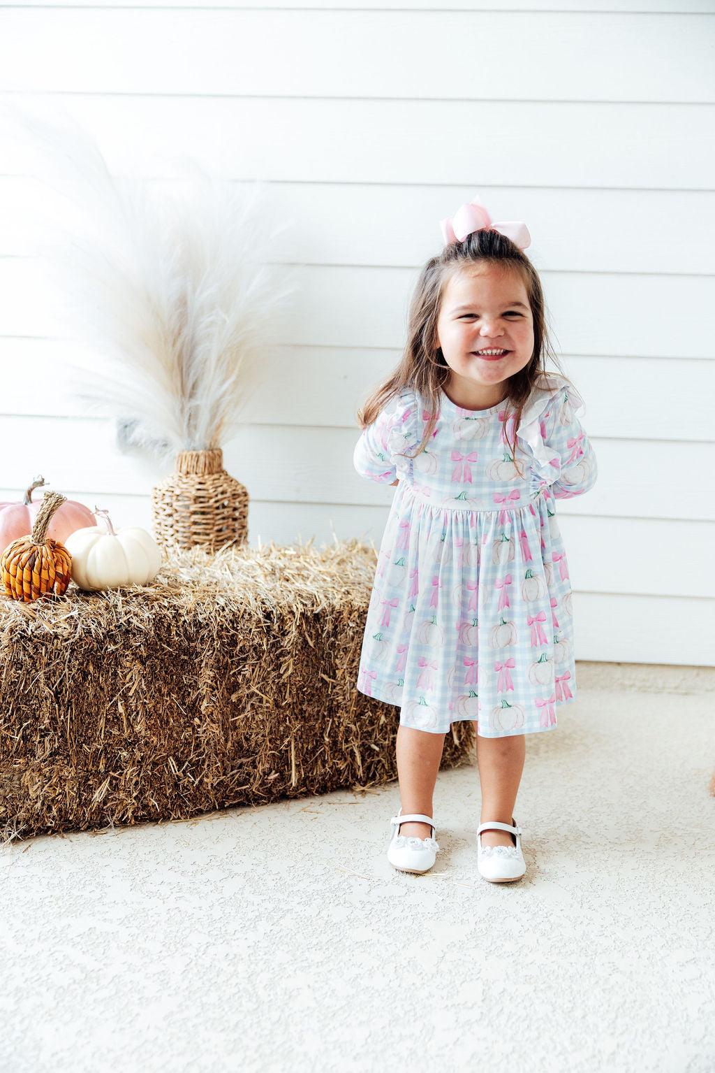 Mila & Rose ® SALE Pumpkin Picnic 3/4 Sleeve Ruffle Twirl Dress — lifestyle context