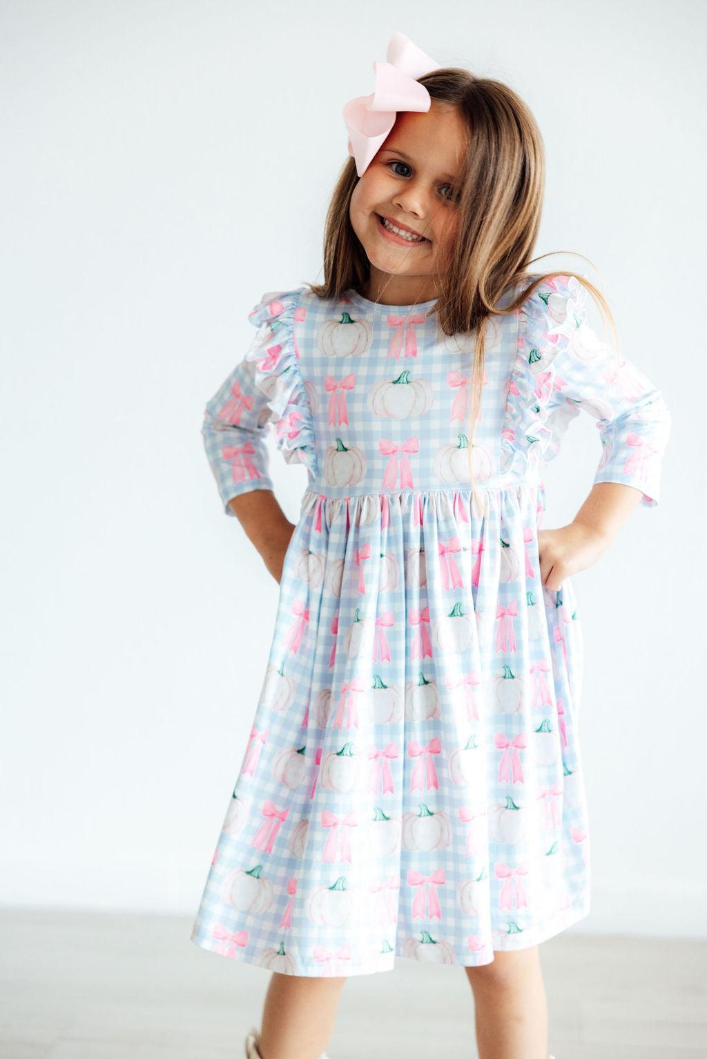 Mila & Rose ® SALE Pumpkin Picnic 3/4 Sleeve Ruffle Twirl Dress — side view