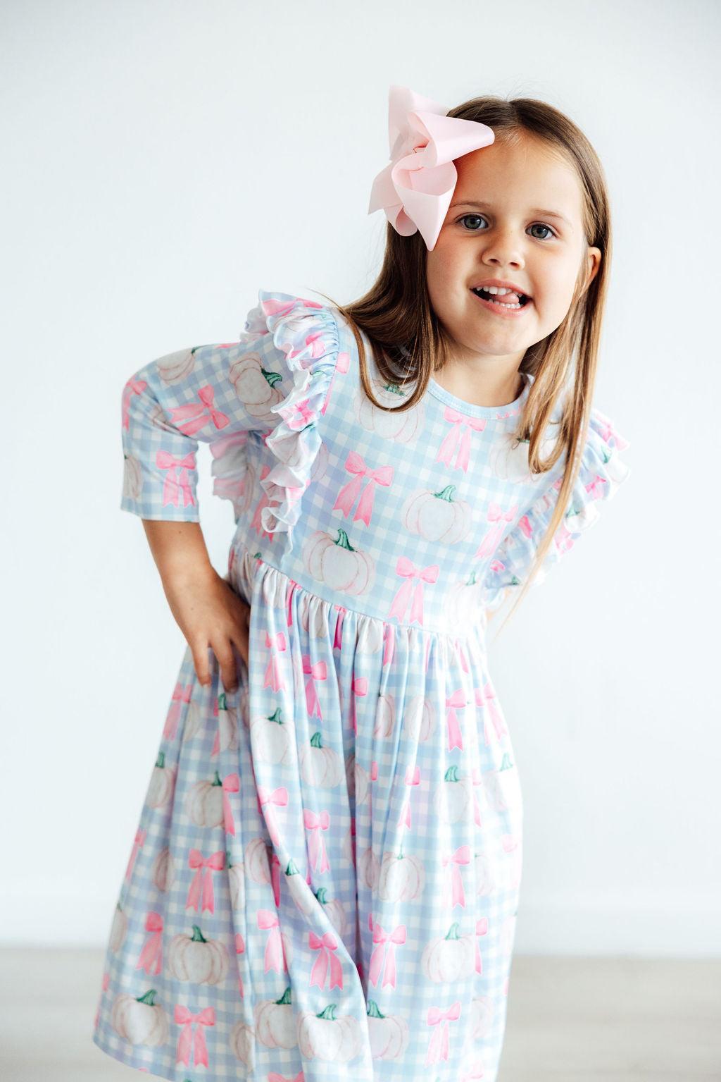 Mila & Rose ® SALE Pumpkin Picnic 3/4 Sleeve Ruffle Twirl Dress — back view
