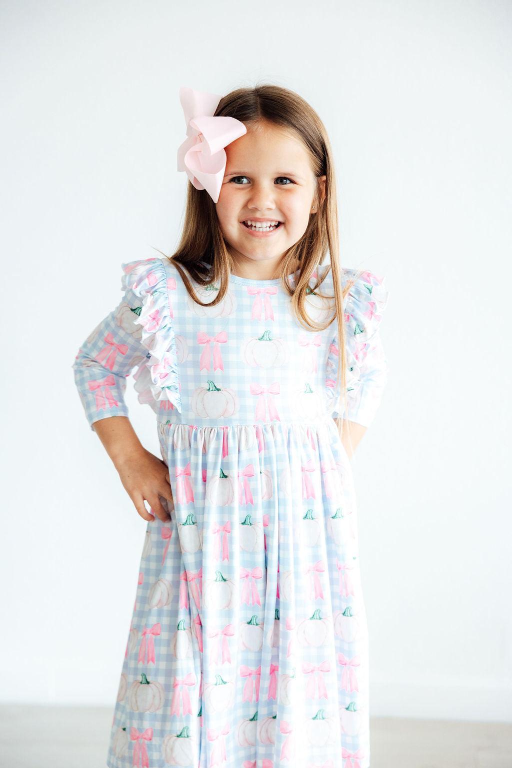 Mila & Rose ® SALE Pumpkin Picnic 3/4 Sleeve Ruffle Twirl Dress — alternative angle