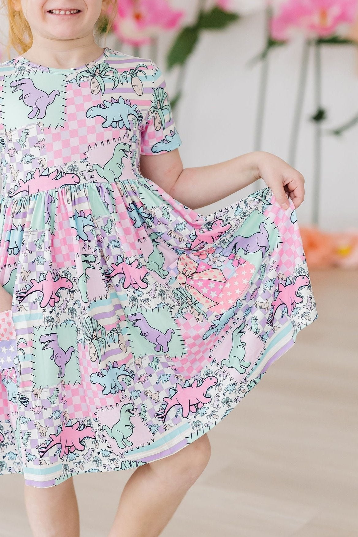 Mila & Rose ® SALE Quilted Dinos S/S Pocket Twirl Dress — side view
