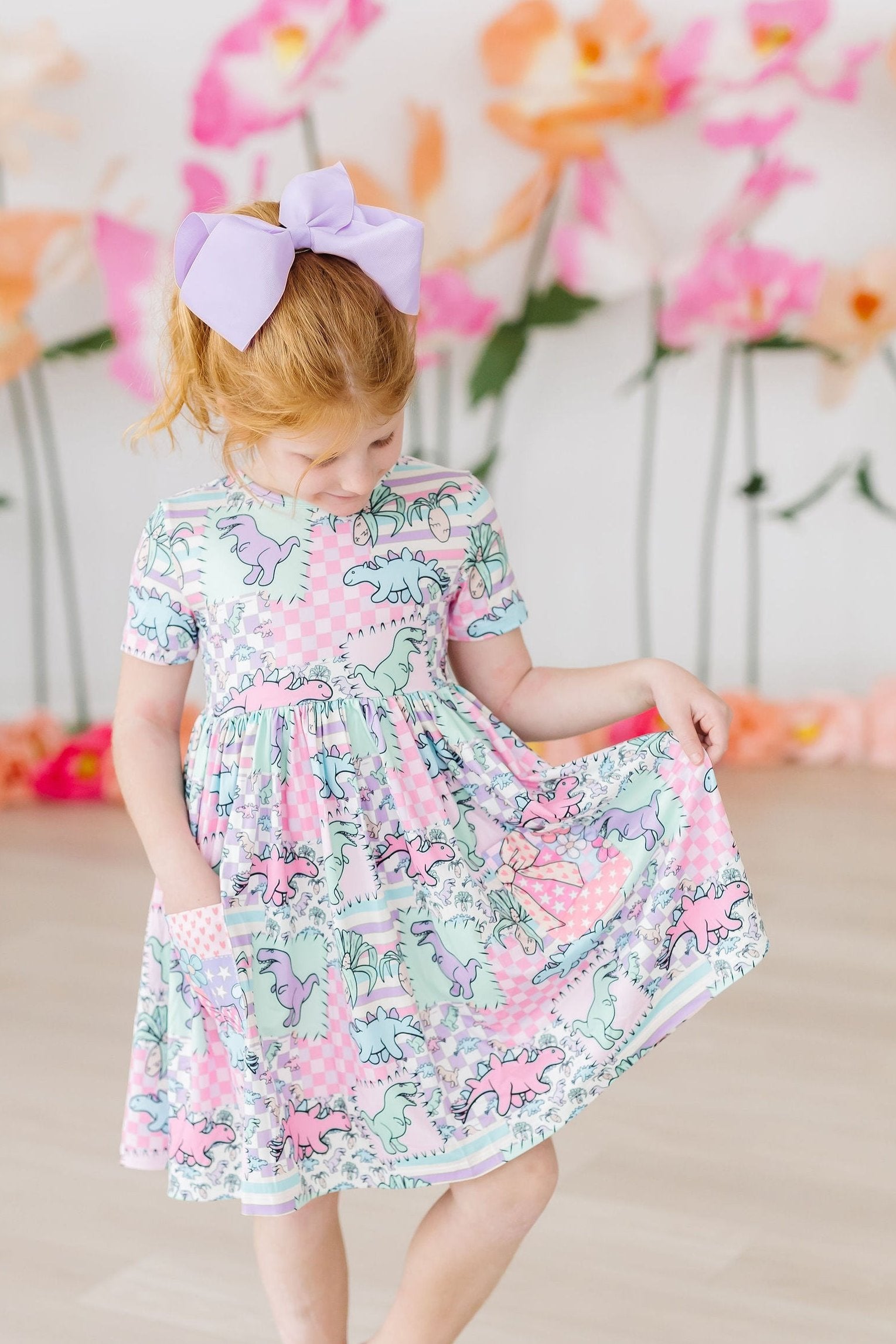 Mila & Rose ® SALE Quilted Dinos S/S Pocket Twirl Dress — main product shot