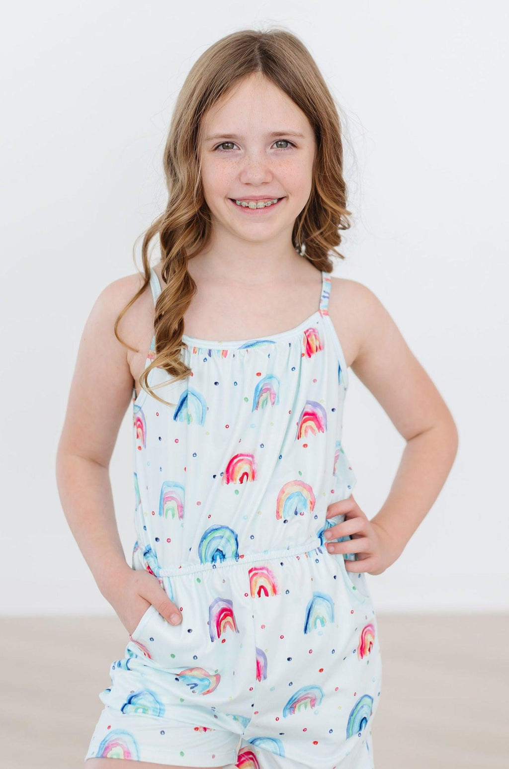 Mila & Rose ® SALE Rainbow Grooves Strappy Play Romper — lifestyle context