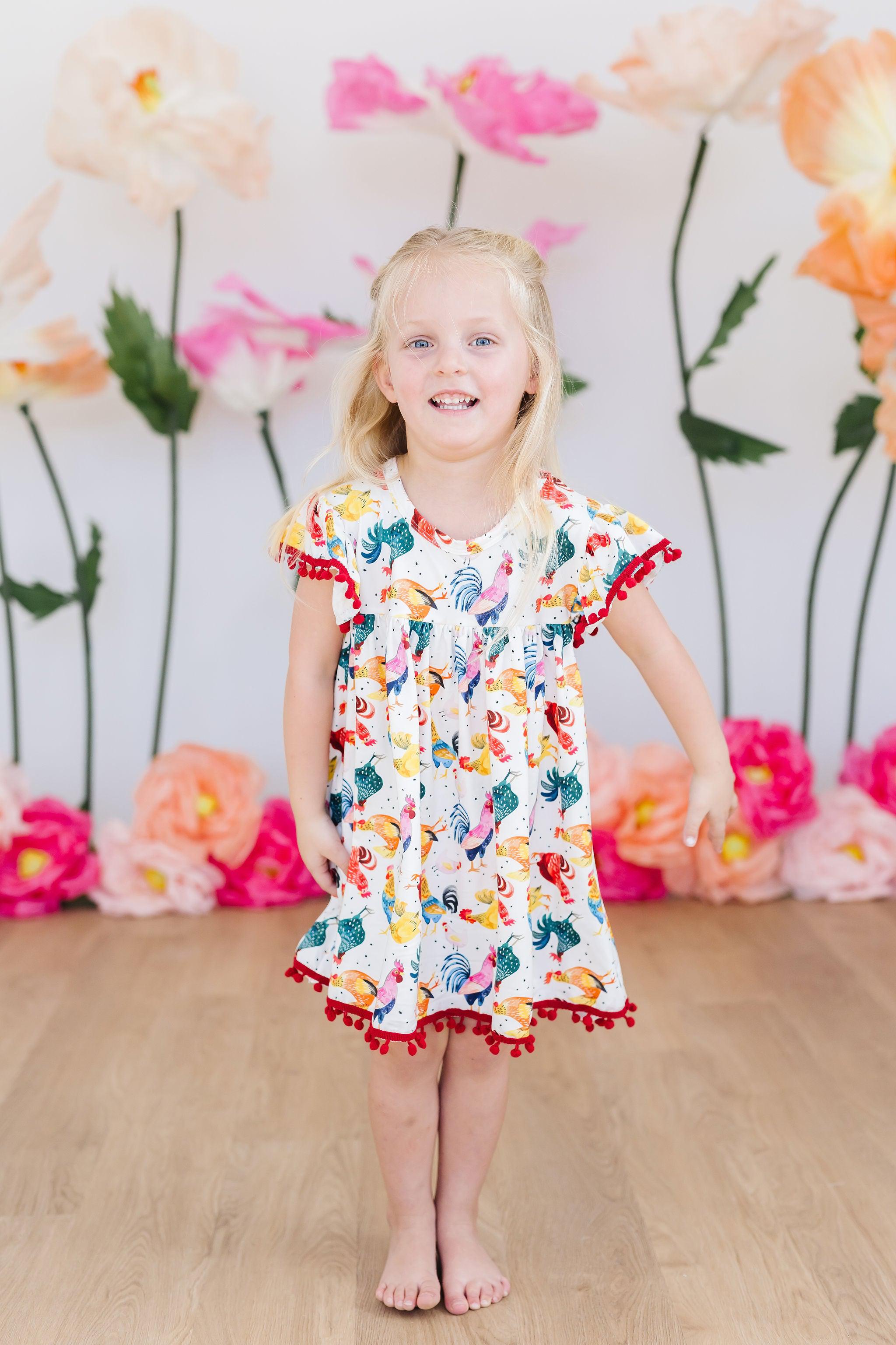 Mila & Rose ® Rooster Pom Pom Dress — size reference