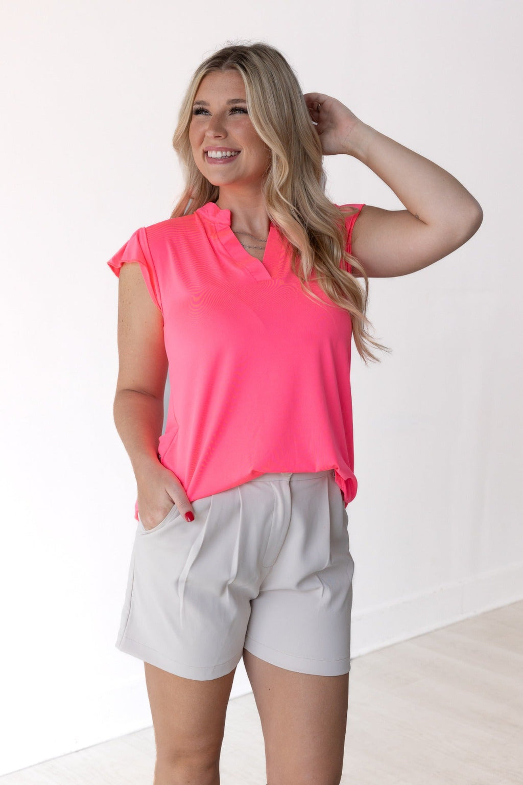 Grace+Emma The Nicole V-Neck Top, Neon Pink — side view
