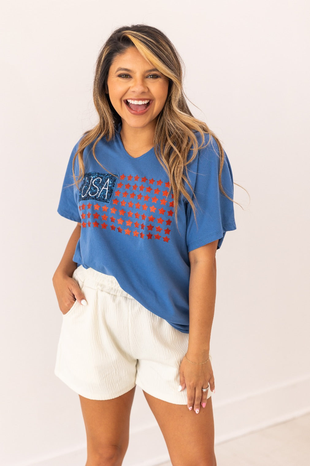 Grace+Emma USA Flag Glitter Stars Top — fabric or material detail