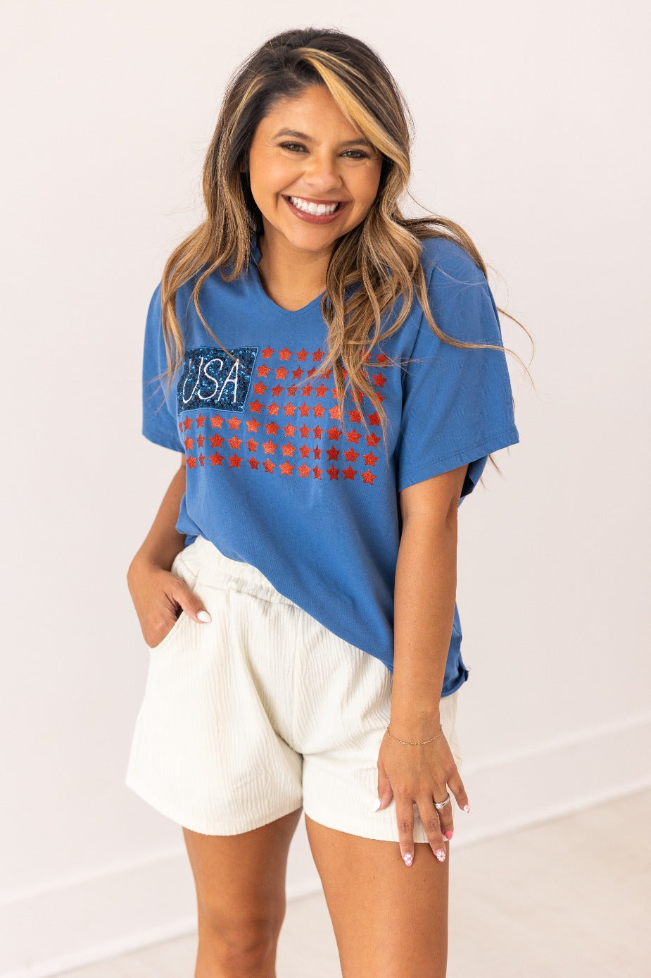 Grace+Emma USA Flag Glitter Stars Top — feature highlight
