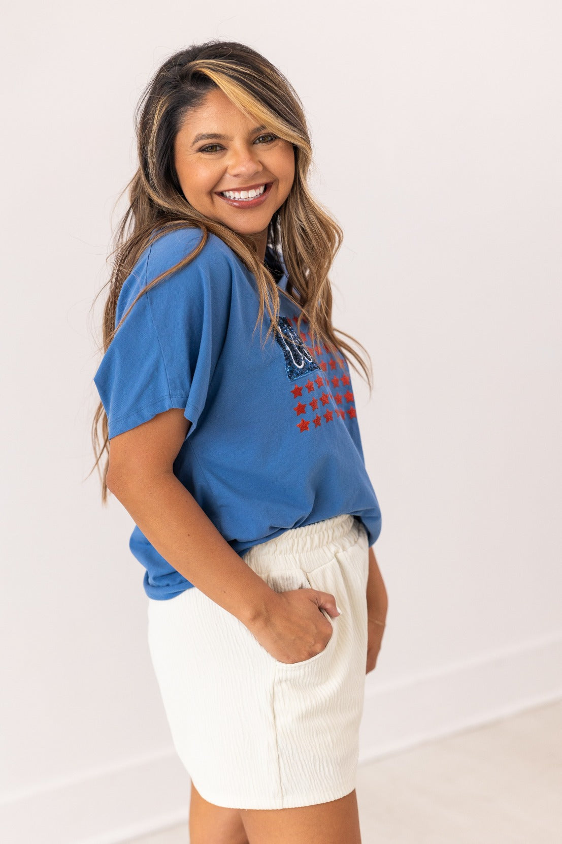 Grace+Emma USA Flag Glitter Stars Top — product on model