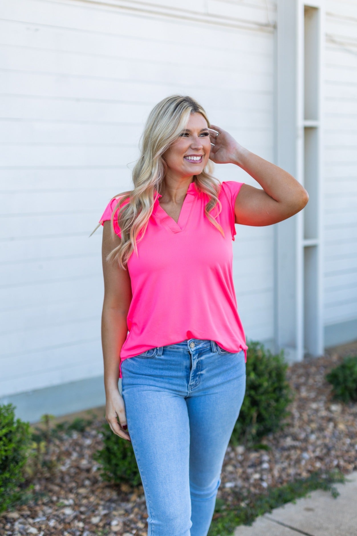 Grace+Emma The Nicole V-Neck Top, Neon Pink — main product shot