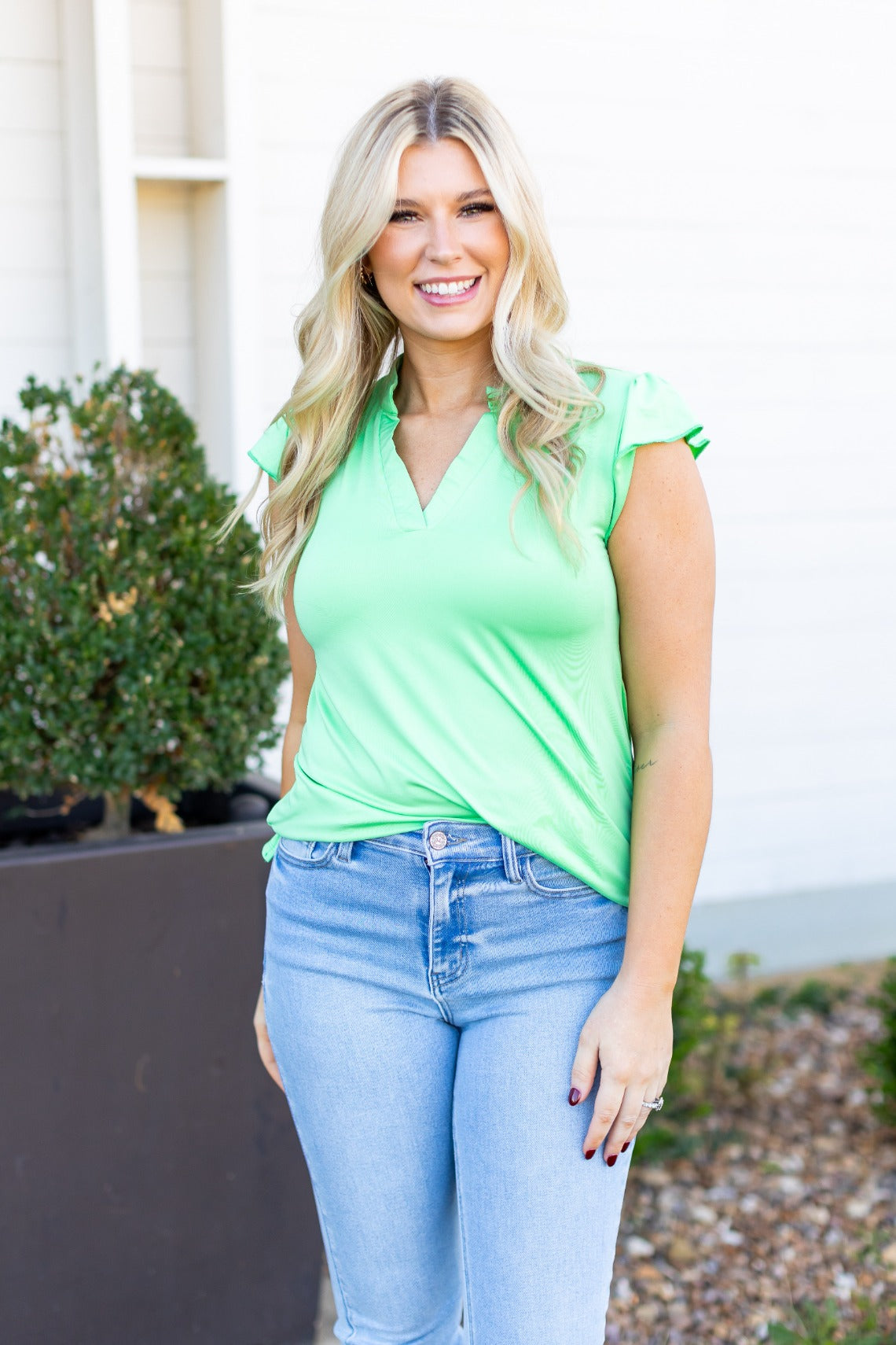 Grace+Emma The Nicole V-Neck Top, Lime Green — color detail