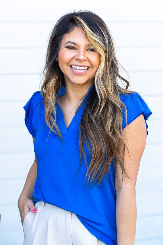Grace+Emma The Nicole V-Neck Top, Blue — lifestyle context